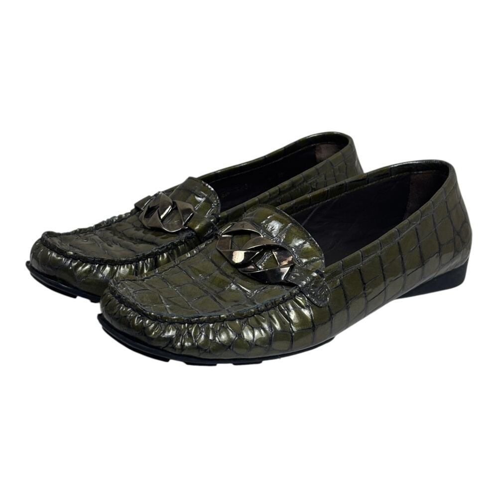 Stuart Weitzman olive croc embossed patent leather loafers with square toe, chai